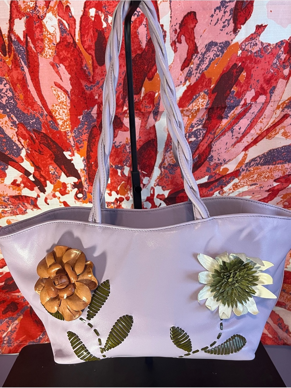 Paolo Masi Lavender Tote with Gold and Green Floral Appliqués